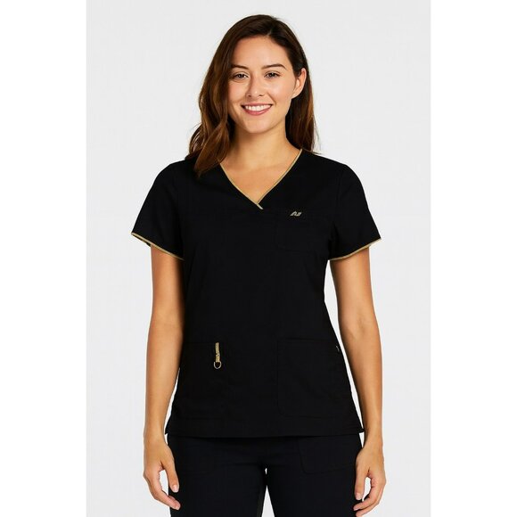 Koi Limited Edition Nicole Black Scrub Top Style 247C W/ Gold Trim S Womens V-Ne - Picture 1 of 6